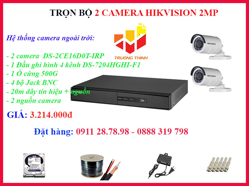Trọn bộ 2 camera Hikvision 2MP ngoài trời 20m