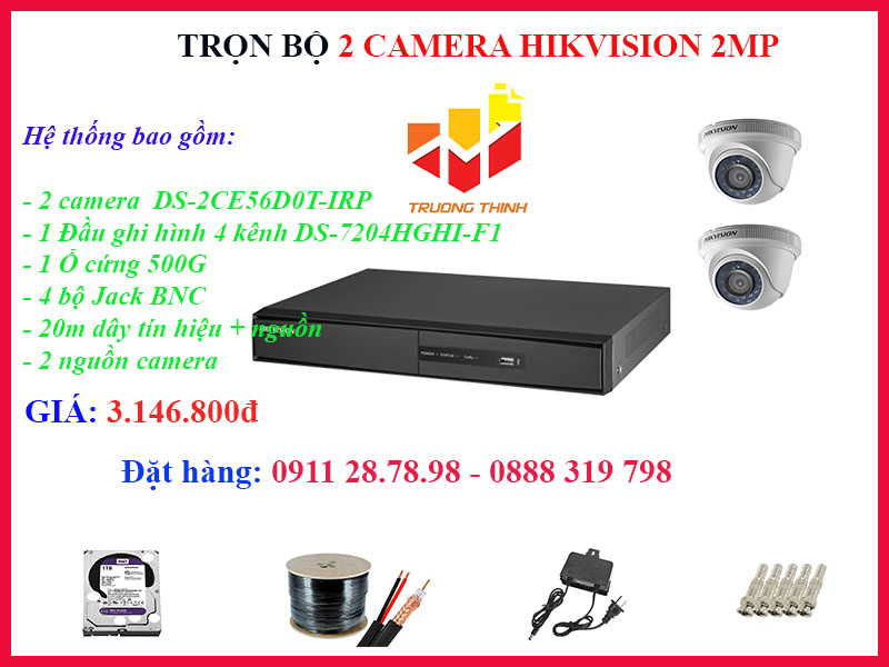 Trọn bộ 2 camera Hikvision 2MP lắp đặt trong nhà 20 mét