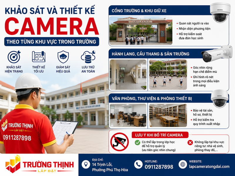 Khảo sát và thiết kế camera theo từng khu vực trong trường